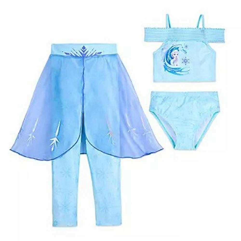 NWT Frozen II Elsa Deluxe Swim Set for Girls Blue Organza Skirted 3 pc Suit 9/10